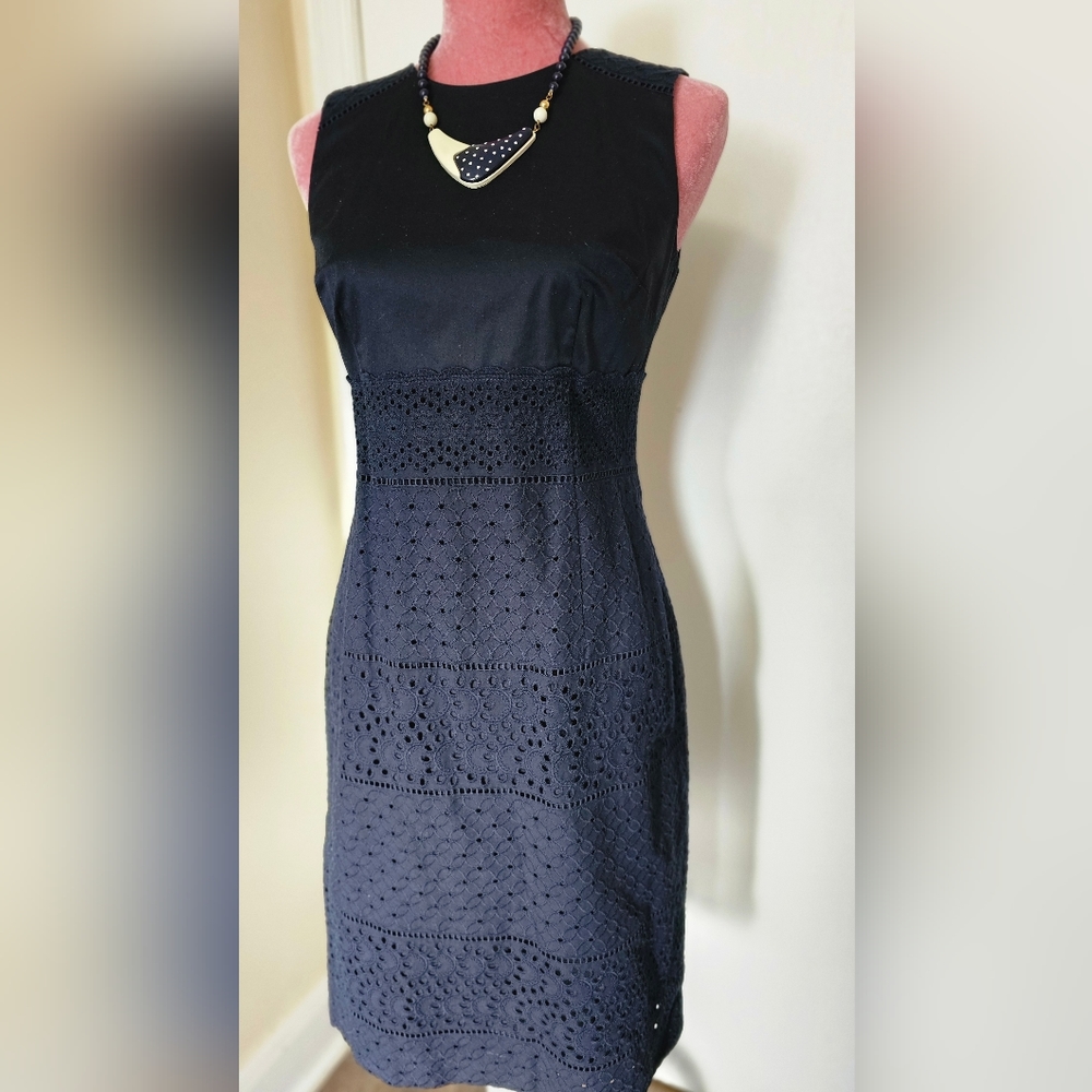 Ann Taylor navy blue cotton eyelet dress, size 2.